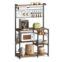VASAGLE Kitchen Baker's Rack, Microwave Stand, Coffee Bar With Magnetic Knife Holder, Kitchen Storage Shelf, Wire Basket, Kitchen Paper Holder, 12 Hooks - Brown - View 2