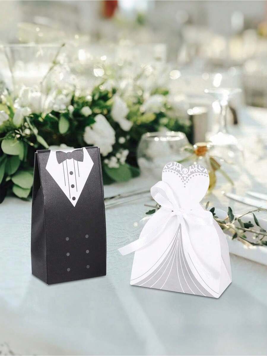 36 件（18 件婚纱+18 件西装）婚纱礼盒燕尾服新娘和新郎婚礼招待袋糖果巧克力礼盒创意复古婚礼散装带丝带生日新娘送礼会客人装饰派对用品婚礼派对回礼丝带糖果盒礼盒餐桌装饰，圣诞节情人节 - 彩色 - 查看 1