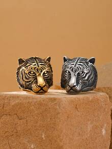 1pc Stainless Steel 18K Gold Plated Retro Tiger Head Pattern Men's Rings Business Style Jewelry - Ring - View 2
