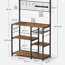 VASAGLE Kitchen Baker's Rack, Microwave Stand, Coffee Bar With Magnetic Knife Holder, Kitchen Storage Shelf, Wire Basket, Kitchen Paper Holder, 12 Hooks - Brown - View 3