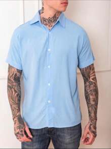 Men's Short Sleeve Plain Button Dress Shirt - Celeste - Ver 1