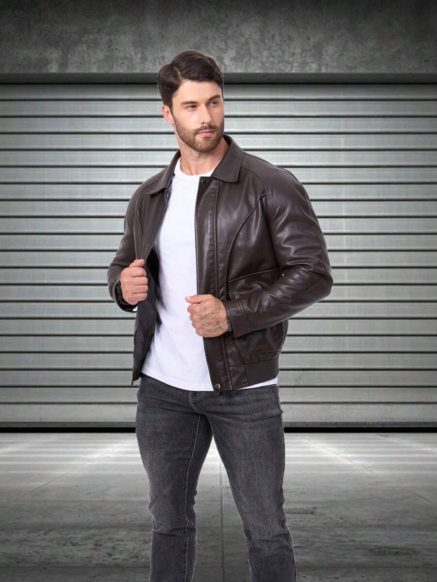 男士户外专业摩托车仿皮夹克，插肩袖，赛车夹克，PU 皮革，立领，拉链，口袋，咖啡棕色，秋冬