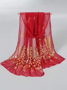 1 件女士时尚简约铝箔凤凰羽毛印花透气柔软纯色经典围巾披肩 - 彩色 - 查看 5