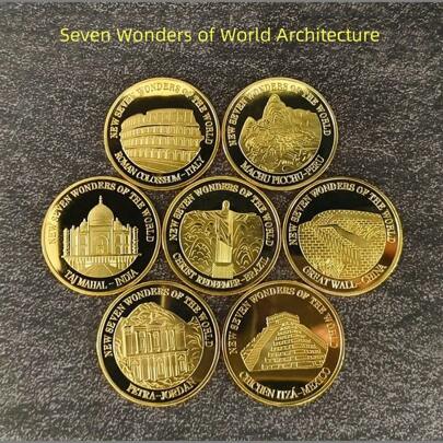 1pc/7pcs The Seven Wonders Of The World Commemorative Coin Set - Pyramid, Great Wall, Taj Mahal, Colosseum, Creative Souvenir Coins, Party Favors
