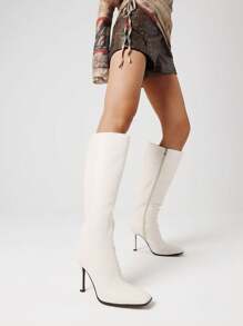 Women's Solid Knee High Boots Fashion Zipper Square Toe Stiletto Thin High Heels Fall Boots Woman Party Dress Shoes - 白色 - 查看 7