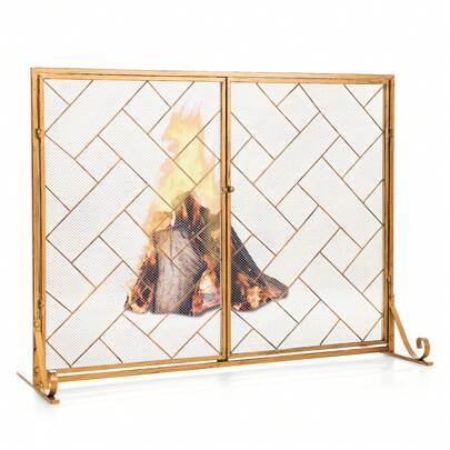 113cm X 85cm Double-Door Fireplace Screen, 2-Panel Large Flat Wrought Metal Fire Spark Guard Gate Cover For Home, Decorative Mesh Fire Place Fence W/ Magnetic Doors, Black,Gold