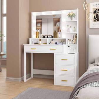 Makeup Vanity With Lighted Mirror And Charging Station, Vanity Desk With Storage Shelves And Drawers