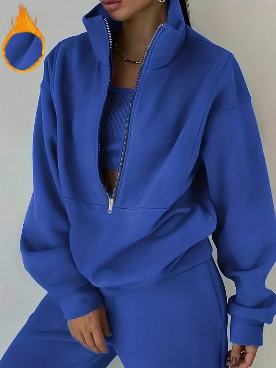 Bộ 3 món Áo nỉ dài tay phong cách đường phố thể thao thu đông cho nữ + Áo vest + Quần cạp chun - Màu xanh lam - Xem 1