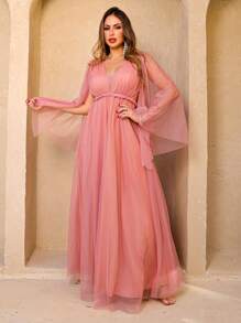 Vestido Longo Trançado Manga Capa