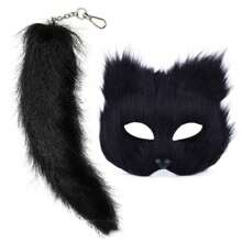 2 件性感狐狸面具和尾巴套装，毛茸茸的动物面具和尾巴，适合节日派对角色扮演，化妆舞会服装配饰，可爱的动物服装，适合舞台表演万圣节 - 彩色 - 查看 7
