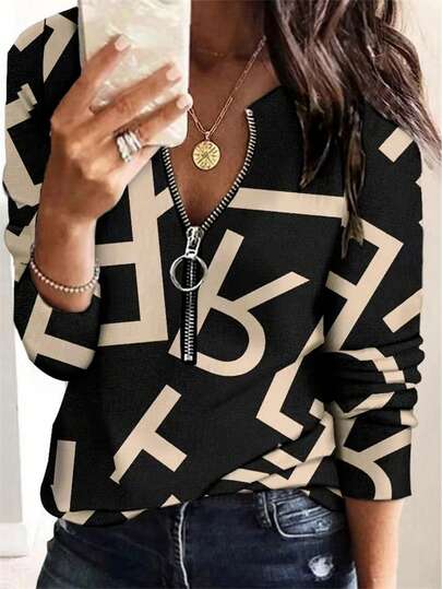 Women Casual Floral Print Zip-Up Long Sleeve