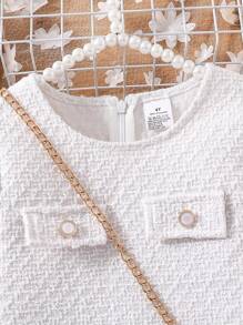 Girls' Elegant Solid Color Spring/Autumn Dress, Girls' Long Sleeve Patchwork Pleated Skirt Dress, Comfortable & Versatile Casual Childrenswear - trắng - Xem 3
