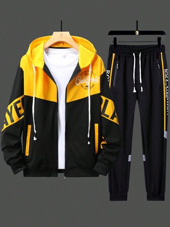 2pcs Men Casual Contrast Color Letter Print Jacket And Pants Set, Fall Clothes