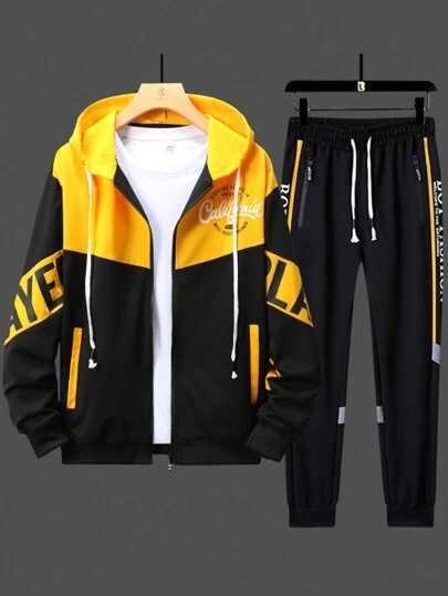 2 件男士休闲撞色字母印花夹克和裤子套装，秋季服装
