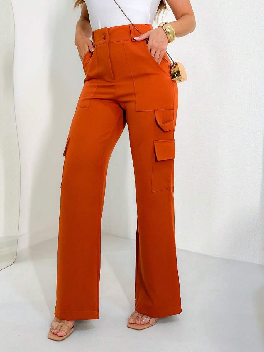 YING ZI Wide Leg Buckle Pocket Color Tailoring Pants - Đất nung - Xem 1