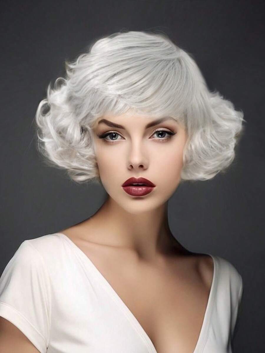 卷曲白色假发自然分层合成假发万圣节角色扮演服装女士假发 - 白色 - 查看 1