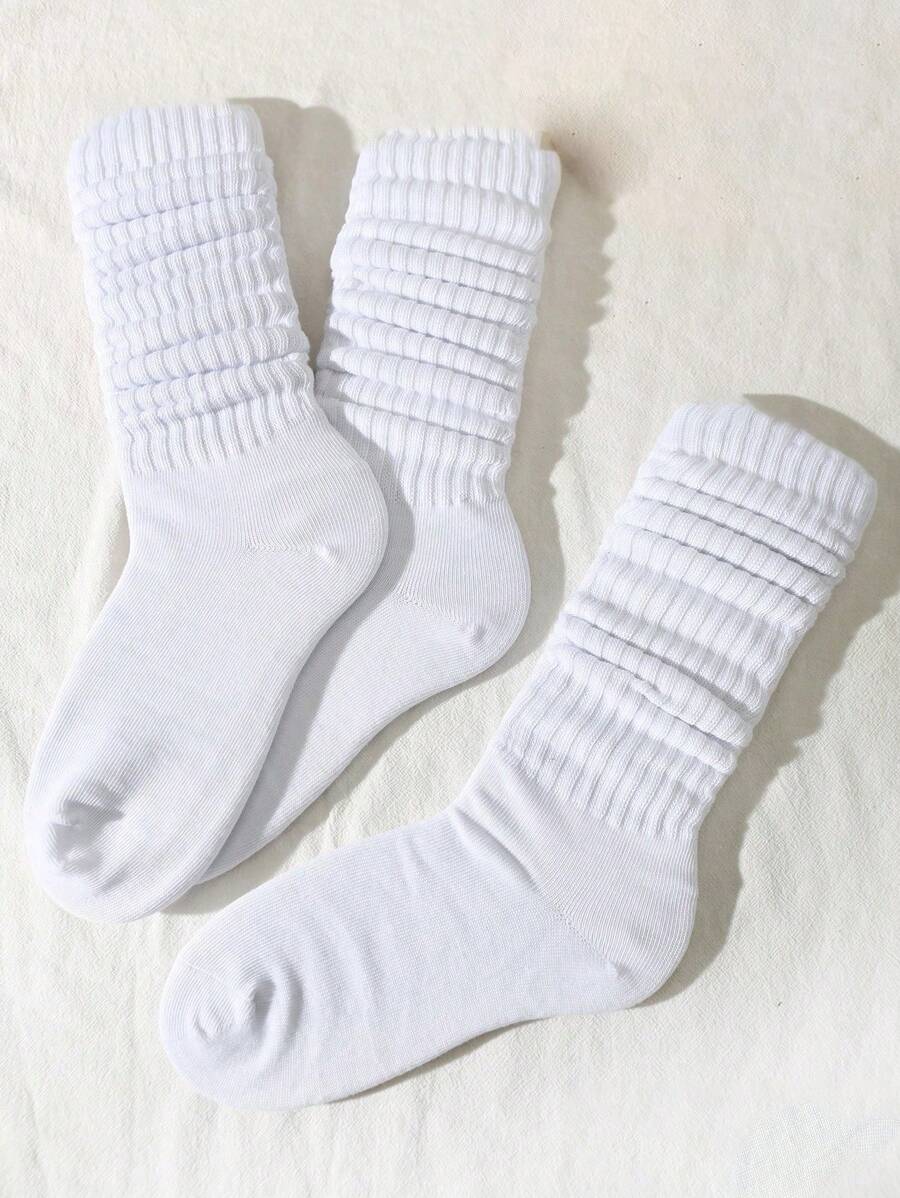3双装儿童纯色泡泡袜，时尚舒适透气，经典欧式过膝休闲袜 - 白色 - 查看 1