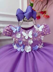 Children's Dress  Garden Butterflies Baby Girl Party Isabela Lilac Luxury S-M-G-1-2-3 - Màu Lilac Tím - Xem 2