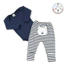 Long Sleeve Bodysuit And Reversible Footed Romper Set In Embroidered Cotton Suede For Babies - 藏蓝色 - 查看 1