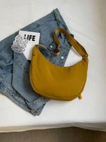 Fashionable Yellow Nylon Waterproof Shoulder Bag With Simple & Casual College Style, Wide Strap, Multiple Zipper Design Suitable For Students, Shopping, Daily Use, Shoulder Bag For School - 黃色 - 查看 4