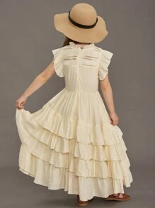 Tween-Mädchen kleid mit Spitzen-Oberteil, flatternden Ärmeln und vollem Rock, BlumenMädchen Abendkleid für Hochzeitsfeier