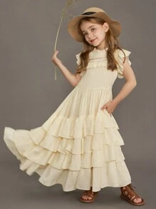 Tween-Mädchen kleid mit Spitzen-Oberteil, flatternden Ärmeln und vollem Rock, BlumenMädchen Abendkleid für Hochzeitsfeier