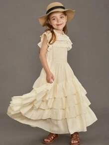 Tween-Mädchen kleid mit Spitzen-Oberteil, flatternden Ärmeln und vollem Rock, BlumenMädchen Abendkleid für Hochzeitsfeier