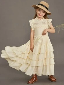 Tween-Mädchen kleid mit Spitzen-Oberteil, flatternden Ärmeln und vollem Rock, BlumenMädchen Abendkleid für Hochzeitsfeier
