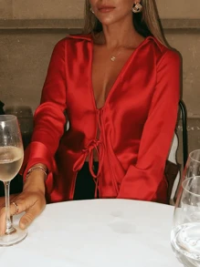 春夏Y2K女装时尚修身蝴蝶结缎面红色衬衫假日装扮毕业季上衣优雅派对上衣沙滩度假女装外套上衣 - 紅色 - 查看 7