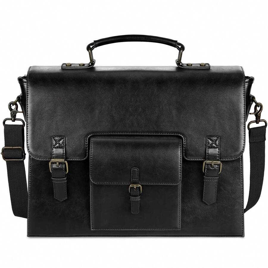 Leather Messenger Bag For Men Women 15.6 Inch Waterproof Vintage Leather Laptop Briefcase Large Satchel Shoulder Bag Office Travel College Computer Laptop Bag - 黑色 - 查看 1