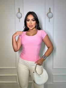 Baby Look Blouse Basic Short Sleeve Blouse Summer Fashion Day To Day - Màu Hồng baby - Xem 2