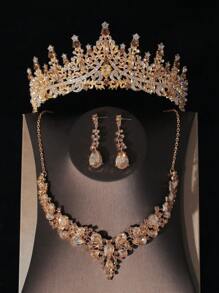 1 set d'accessoires de mariée dorés comprenant une couronne, un collier, des boucles d'oreilles, 1 set de 4 pièces de bijoux de mariage, convient pour la mariée, le mariage, la robe de mariée, les fêtes et les événements