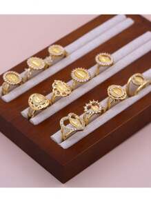 1pc DIY New Virgin Mary Classic Ring, Copper Micro-Inlay CZ Plated 18K Gold Women Girls Faith Virgin Mary Ring
