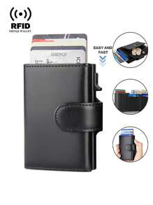 超薄纤维皮革男士钱包，时尚卡包，三折钱包，零钱包，智能超薄零钱包，时尚钱包，父亲节礼物（送给爸爸、男友、爷爷、丈夫、朋友、兄弟），休闲复古男士卡包，卡包，名片夹，信用卡夹，迷你钱包，RFID钱包 - 黑色 - 查看 3