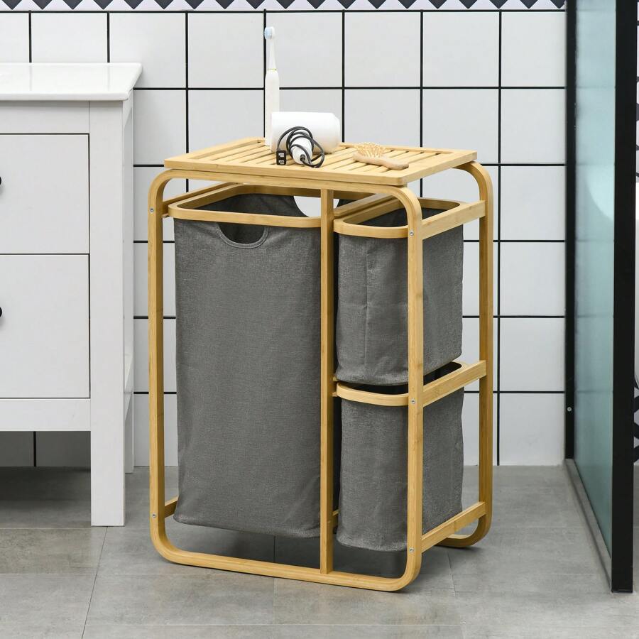 HOMCOM Panier à linge panier de rangement corbeille à linge bac linge en bambou 3 paniers amovibles et coulissants en non-tissé - 49l x 33P x 70H cm gris - Beige - Voir 1