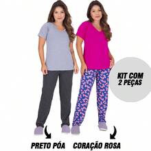 Kit 2 Women's Pajamas Viscose Seasons Short Sleeve Long Pants - 黑色 - 查看 1
