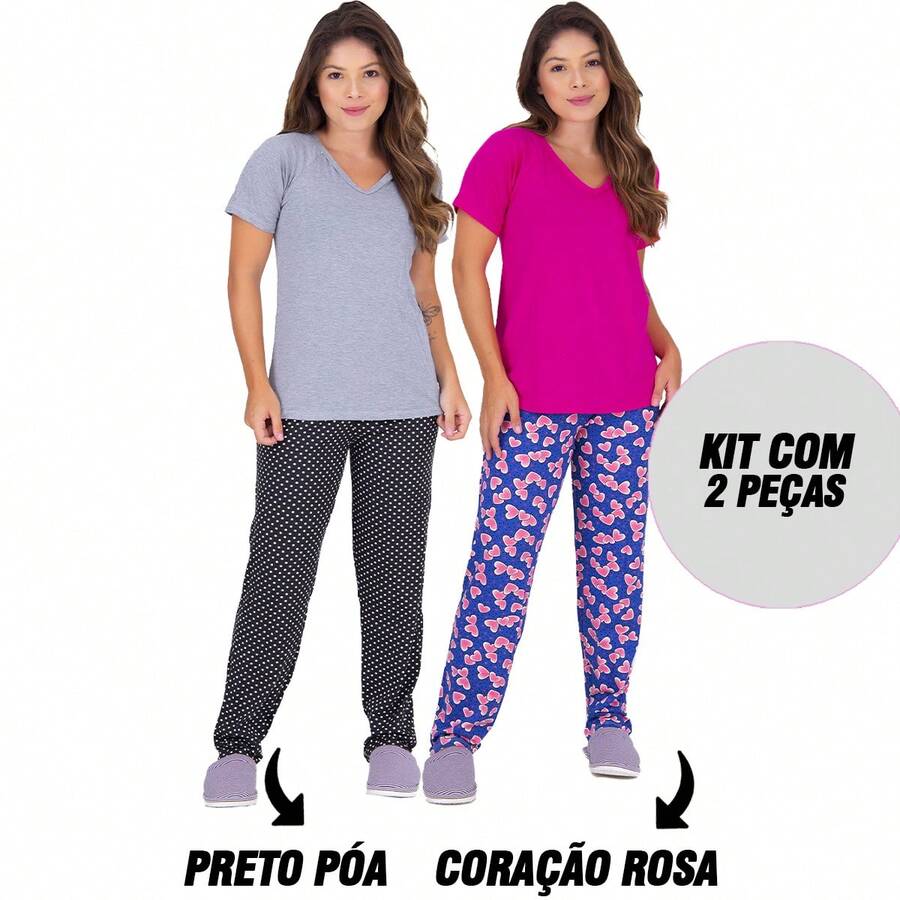 Kit 2 Women's Pajamas Viscose Seasons Short Sleeve Long Pants - 黑色 - 查看 1