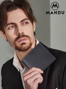 MANDU 2024 新款优质真皮男士短款钱包时尚商务设计防 RFID 卡夹钱包小号老款男士 - 黑色 - 查看 3
