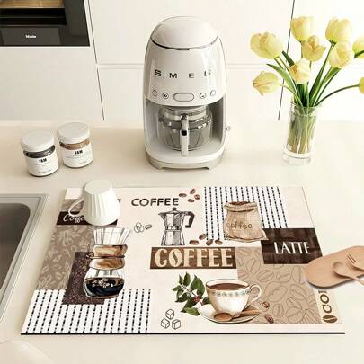 1PC咖啡机吸排水垫柜台餐具干燥垫硅藻泥厨房垫咖啡印花干燥垫可水洗防滑排水垫