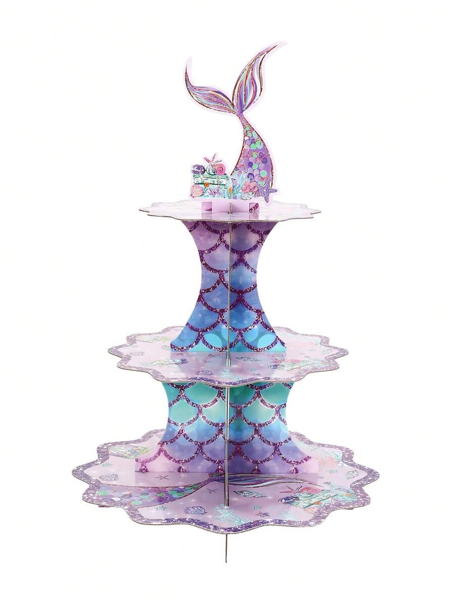 1 件 3 层美人鱼主题纸杯蛋糕架，美人鱼派对用品，生日派对蛋糕装饰，纸板纸杯蛋糕架纸杯蛋糕塔，派对用品，创意 DIY 蛋糕装饰，圣诞节