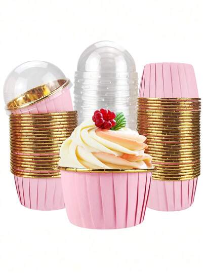 50 unidades - Envases de magdalenas/cupcakes rosa y dorados con tapas, resistentes al calor, ideales para hornear magdalenas, tartas de queso, brownies, adecuados para fiestas de Navidad, Halloween, cumpleaños, otoño, calabazas. Tazas de aluminio redondas para cupcakes/magdalenas/pasteles con envolturas.