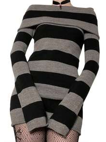 Women Off-Shoulder Striped Sweater Dress Long Sleeve Bodycon Mini Dress - Black - View 4