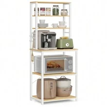 VASAGLE Kitchen Storage Rack, Coffee Bar, Baker's Rack, Total 6 Shelves And 6 Hooks, For Microwave, Steel Frame, Industrial, 40 X 60 X 167 Cm - White - View 2