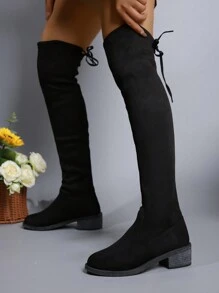 Women's Black Low Heel Slim Leg Over-The-Knee Pointed Toe Rider Boots For Fall & Winter - Black - View 4