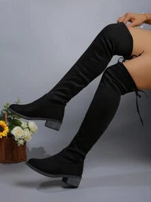 Women's Black Low Heel Slim Leg Over-The-Knee Pointed Toe Rider Boots For Fall & Winter - Black - View 1
