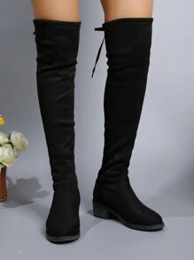 Women's Black Low Heel Slim Leg Over-The-Knee Pointed Toe Rider Boots For Fall & Winter - Black - View 5