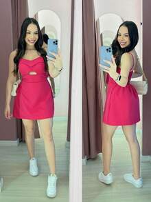 Nanda Romper Front Detail Short Tailored Skirt With Cup - Màu Hồng Tươi - Xem 2