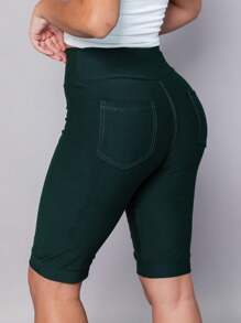 Women's Denim Shorts Bermuda Imita Jeans With Pockets High Waist Cotton - 軍綠色 - 查看 1
