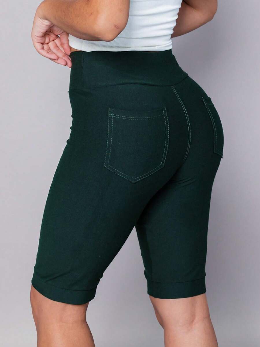 Women's Denim Shorts Bermuda Imita Jeans With Pockets High Waist Cotton - 軍綠色 - 查看 1