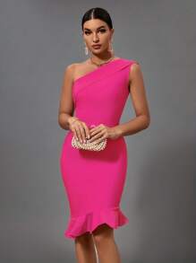 Earkoha Women's Fashion Spring Summer Sexy Elegant Black One Shoulder Midi Ruffle Bodycon Bandage Dress Party Cocktail Evening Dress Clothes - Màu Hồng Tươi - Xem 1